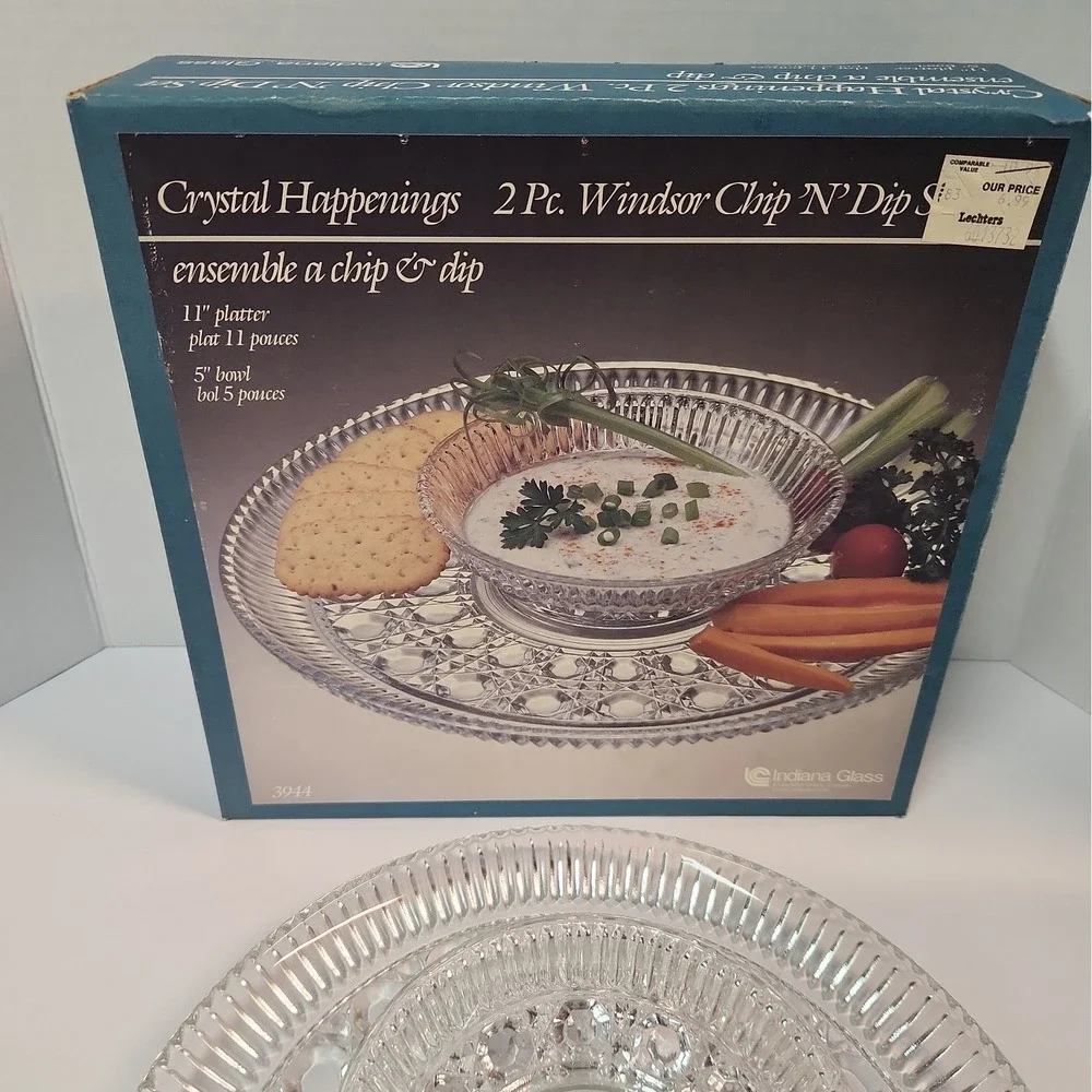 Indiana Glass Crystal Happenings 2 Pc. Windsor Chip 'N' Dip Set VTG w/ Box